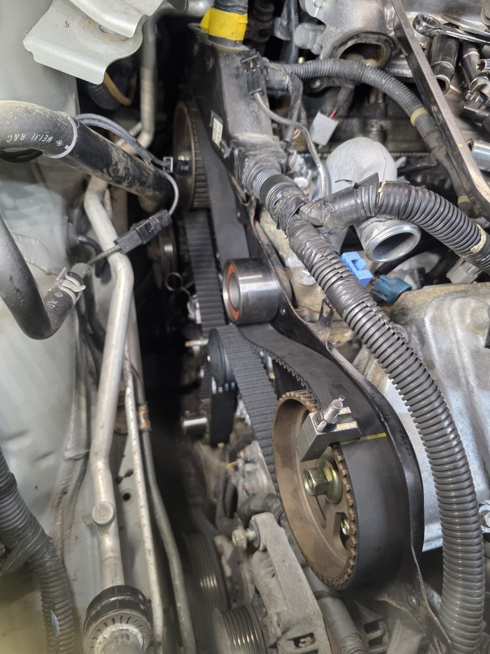 Timing belt, tensioner pulley, and camshaft gear exposed during a belt replacement